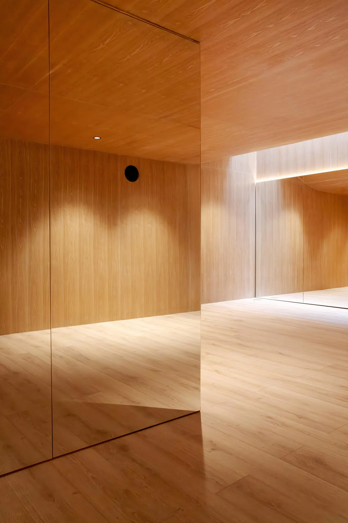 Modern minimalist corridor entirely clad in light oak wood with warm ambient cove lighting and reflective surfaces.
