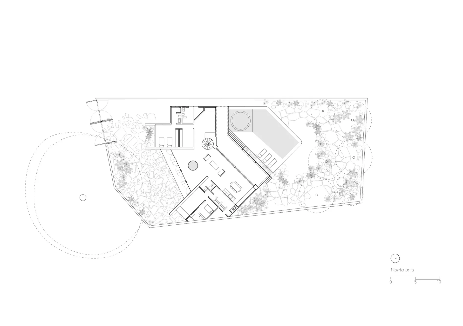Black and white architectural site plan of a modern villa featuring an irregular-shaped swimming pool, multiple terraces, extensive rock gardens, and lush planting areas with scale indicator.
