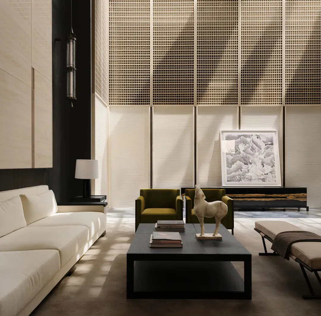 Modern minimalist living room featuring a white sectional sofa, olive green armchairs, a dark coffee table with a white horse sculpture, and a full-height wood lattice screen wall that casts intricate shadows.