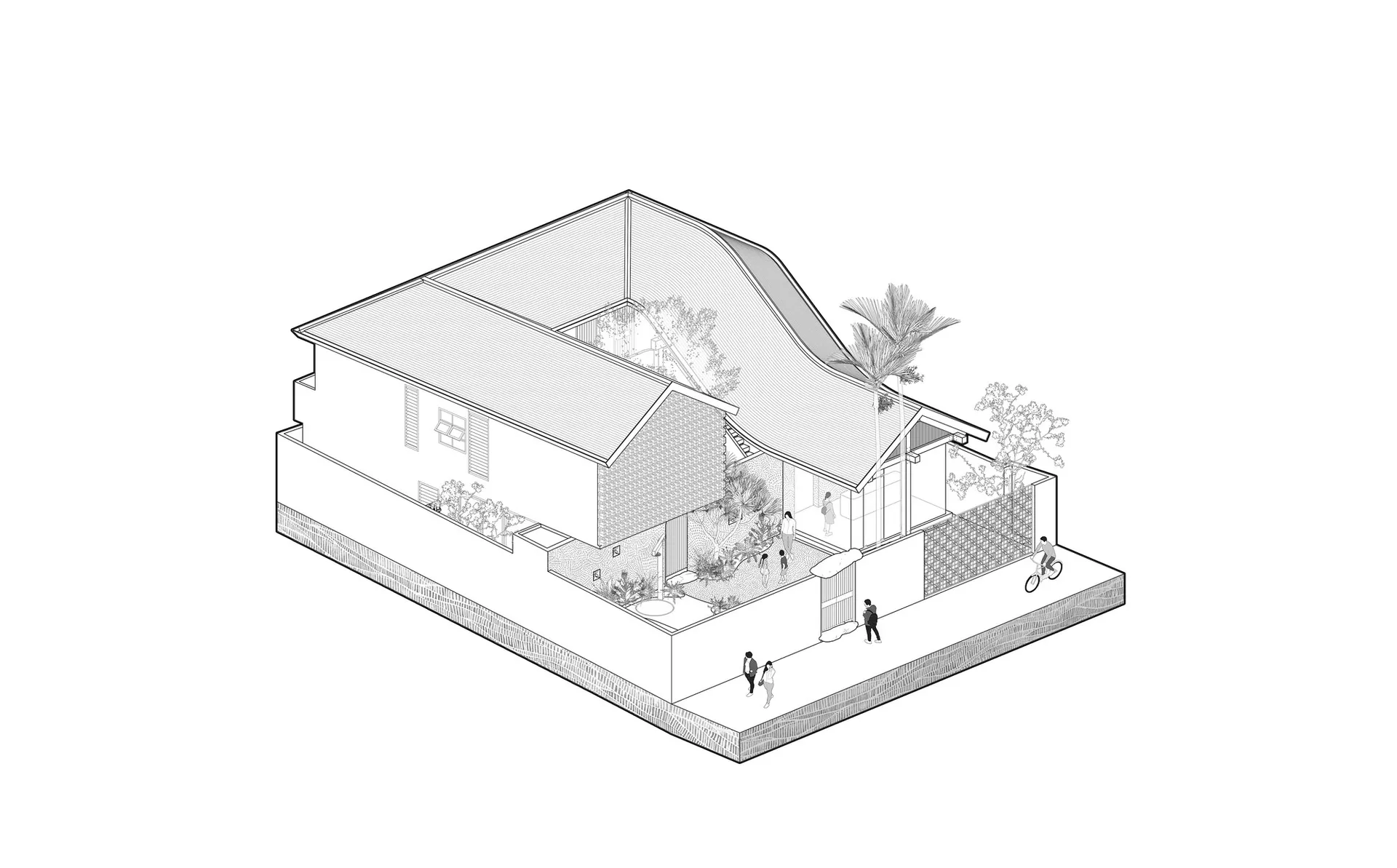 現代兩層合院住宅的建築剖面透視圖,擁有戲劇性的波浪曲線屋頂、花格磚牆、茂盛的熱帶植栽,並以人物顯示比例。