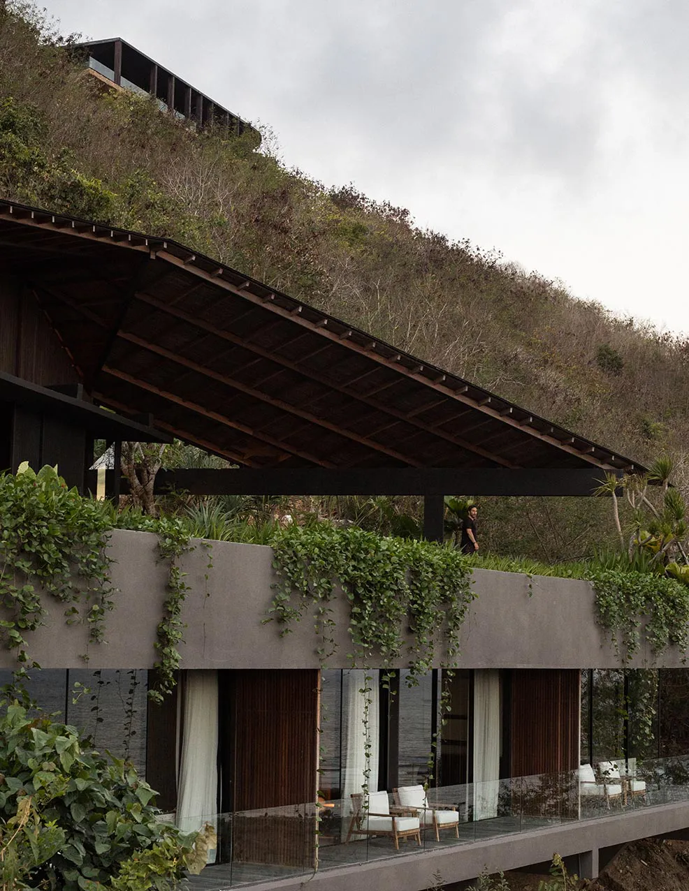 Modern hillside villa featuring a long cantilevered wooden roof, concrete retaining wall covered in cascading green vines, and an open terrace with outdoor seating overlooking the landscape.