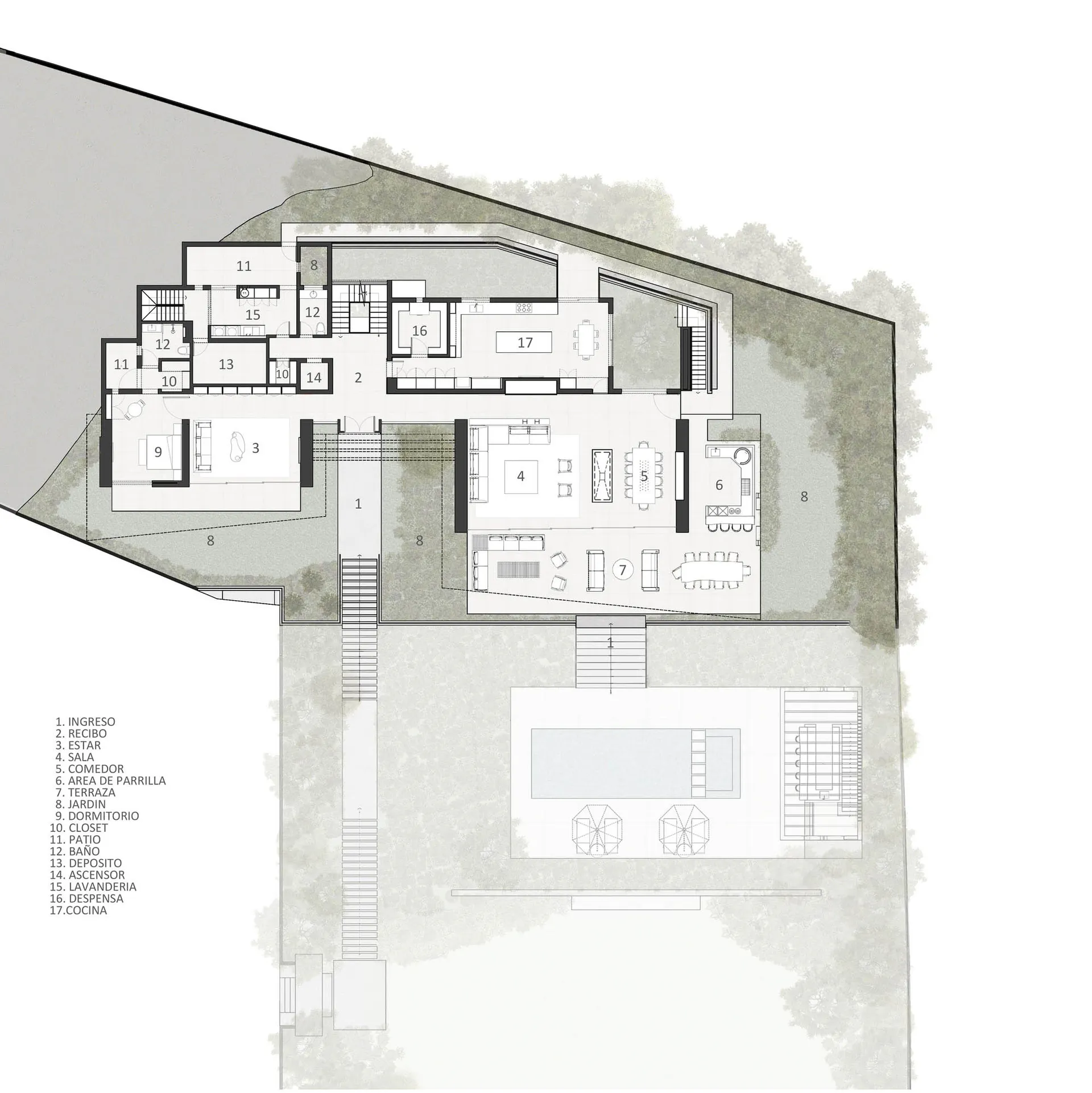 Detailed 2D architectural floor plan of a large luxury residence featuring living areas, multiple bedrooms, kitchen, terraces, garden, and a swimming pool, surrounded by trees on a sloped site.