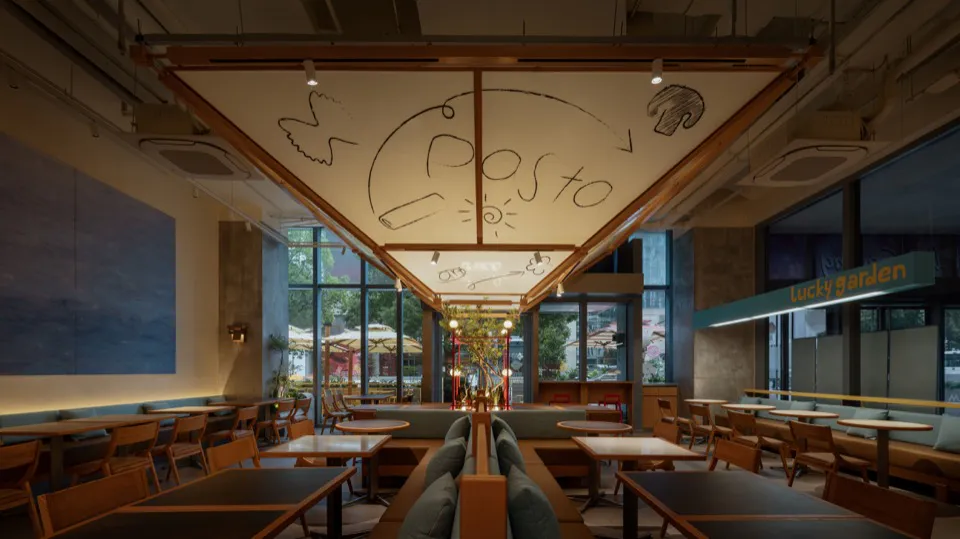 Modern industrial cafe interior with wooden furniture, concrete walls, large windows, and a large triangular ceiling panel featuring hand-drawn artwork and the word 'Post'.