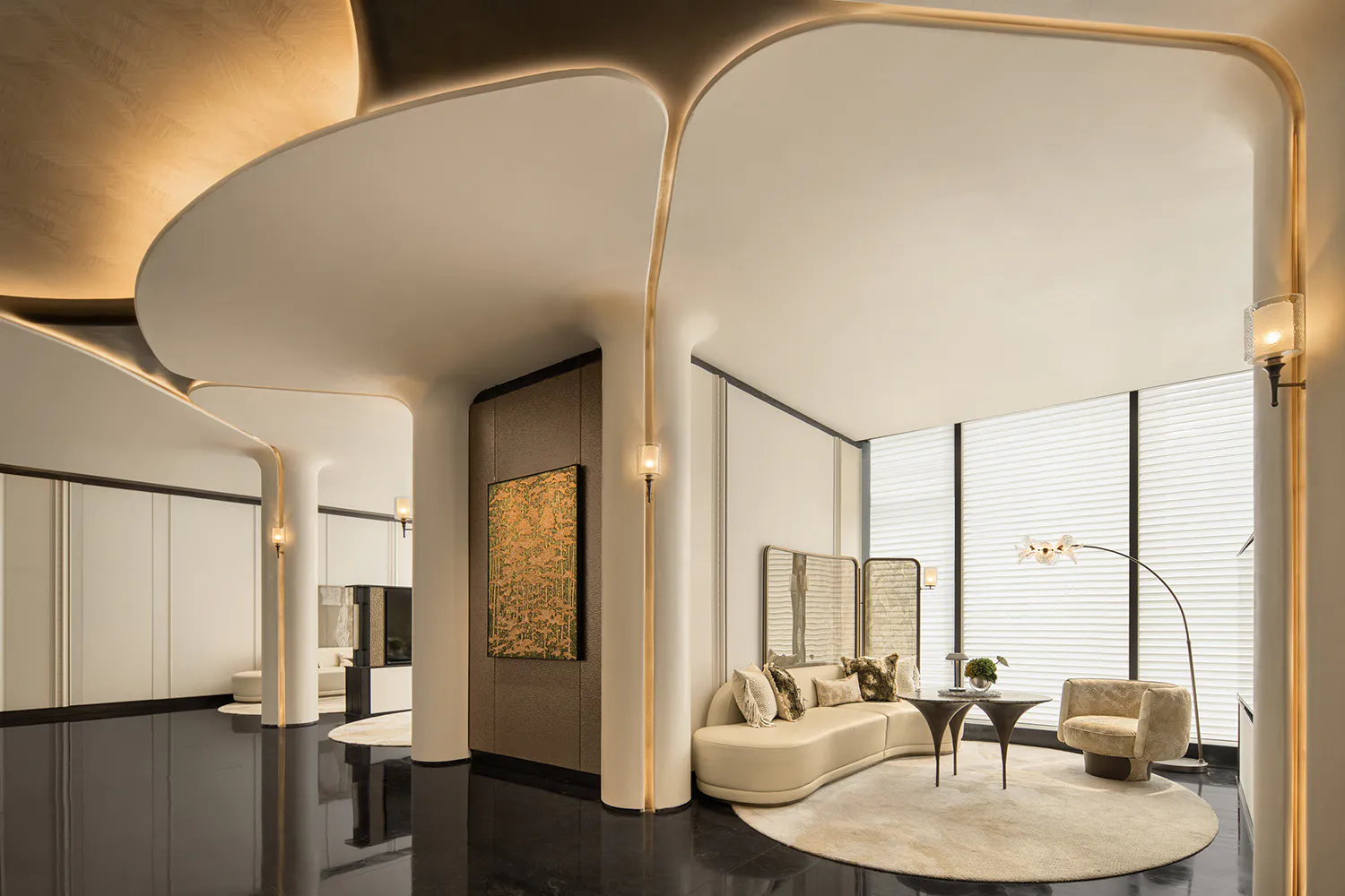 Modern luxury living room featuring dramatic curved white plaster ceiling with integrated gold lighting, glossy black floor, cream curved sofa, and large windows with blinds.