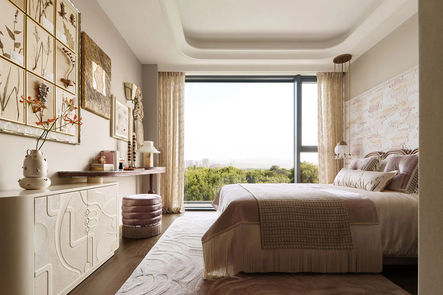 Modern serene bedroom interior with textured plaster wall, botanical framed art, large window overlooking green landscape, and upholstered bed with neutral linens.