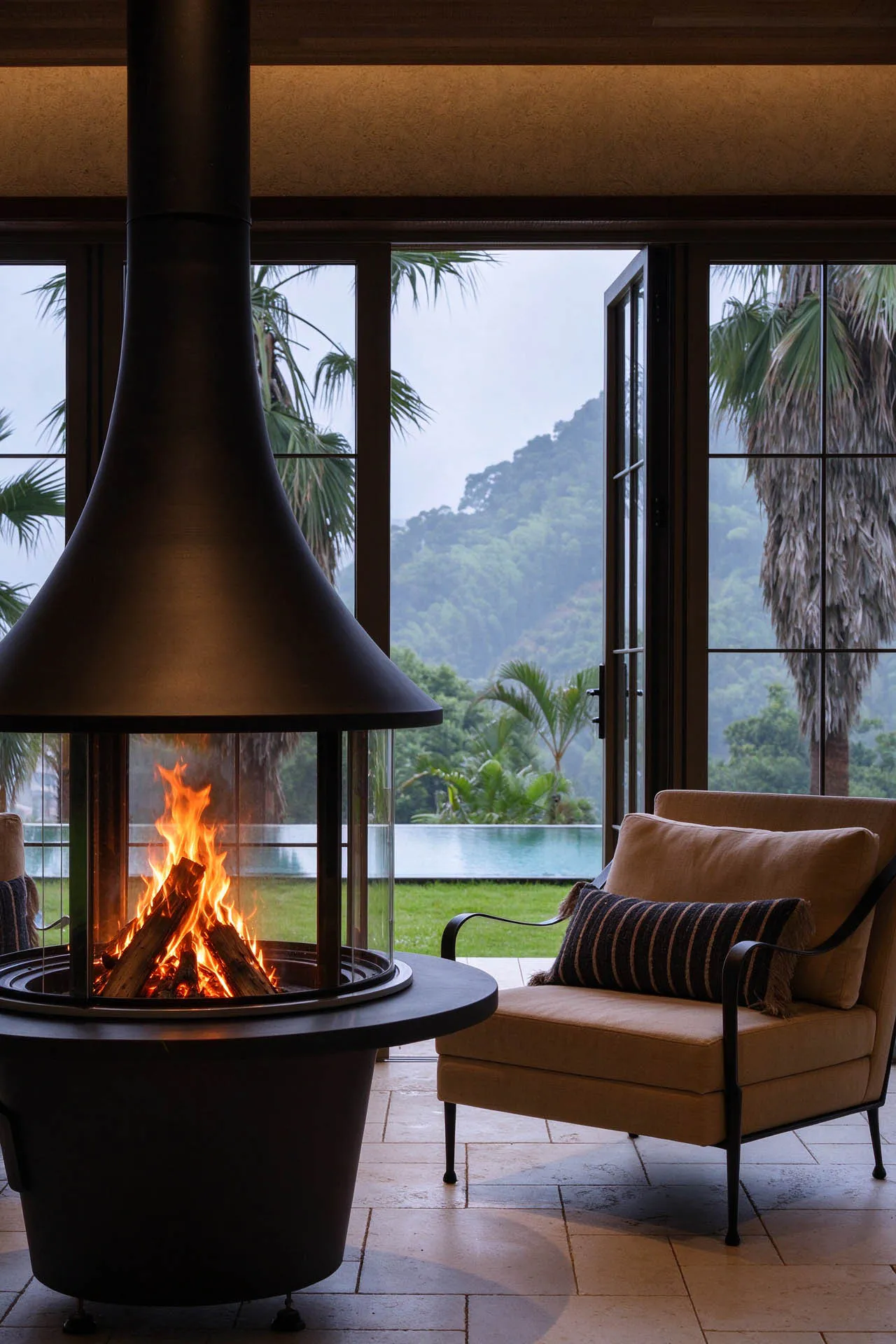 Modern conical steel fireplace with burning logs in a glass enclosure, positioned next to a tan upholstered armchair with striped pillow, opening to a tropical landscape with palm trees, infinity pool, and misty green mountains.