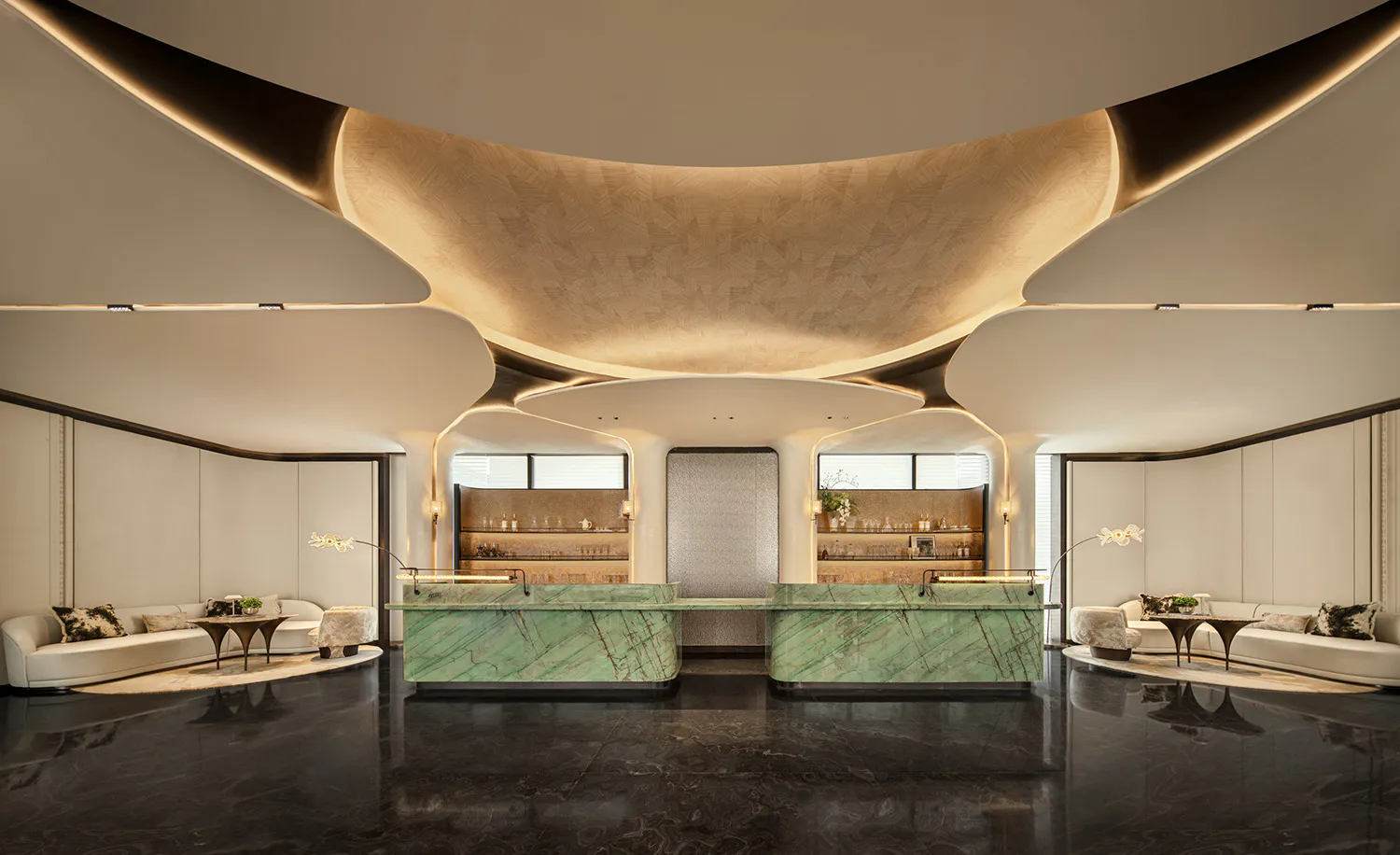 Modern luxury hotel lobby interior with two green marble reception desks, white curved sofas, dark polished floor, and a massive undulating beige ceiling feature with integrated lighting.