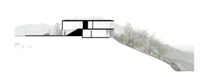 當代兩層樓山坡住宅的建築剖面圖，呈現混凝土量體、大面積玻璃開口、黑色樓梯，以及周圍樹木與比例尺。