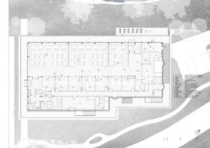 Architectural floor plan of a large restaurant complex featuring a long dining hall with numerous tables, kitchen areas, restrooms, and integrated outdoor landscape design.