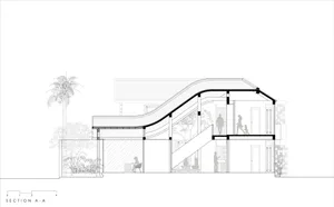 現代兩層住宅的建築剖面圖，擁有戲劇性的曲線屋頂、開放式生活空間、內部樓梯，以及帶有人物比例的茂盛熱帶植栽。