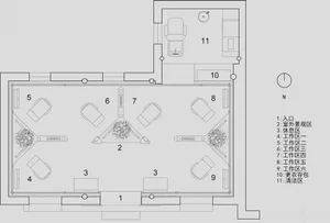 Black and white architectural floor plan of a modern open-plan office showing six workstations, a central landscaped garden, entrance, and support areas with Chinese legend.