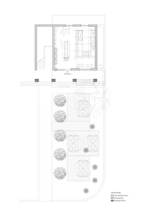 Black and white architectural layout plan showing a modern villa's indoor floor plan connected to an extensive outdoor garden with multiple dining areas, trees, and landscaping features.