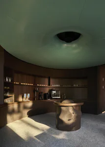 Modern circular coffee bar with dark wood cabinetry, sage green curved ceiling, and a sculptural dark terrazzo central island under dramatic natural light.