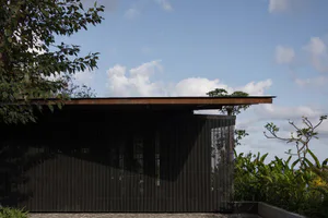Modern tropical villa exterior with dark vertical wood slat facade, wide overhanging roof, and lush tropical plants under a blue sky with clouds.