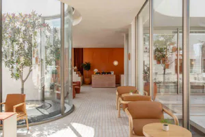 Modern hotel lobby interior with curved glass walls, terracotta reception desk, wooden armchairs with orange upholstery, and potted trees under bright natural light.
