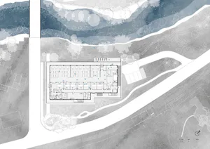 Architectural watercolor site plan and floor plan of a riverside resort building surrounded by landscape and river contours.