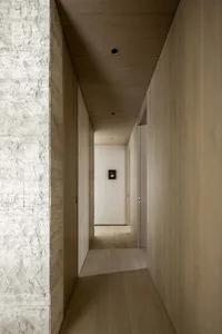 Long narrow minimalist hallway featuring a textured white travertine wall on the left, light oak wood paneling and ceiling, and light wood flooring.