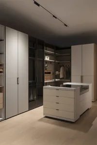 Modern minimalist walk-in closet with a central white oak island, matte white and dark glass cabinetry, track lighting, and neatly arranged clothing and accessories.