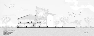 黑白建築剖面圖，展示兩層樓文化中心，標示咖啡廳、展覽廳、攀岩牆、庭院等功能，周圍有樹木與人物剪影。
