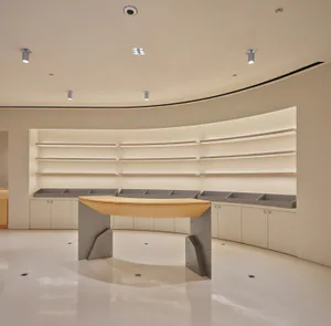 Modern minimalist retail interior featuring a curved light oak reception desk with angular concrete base, set against a curved wall with illuminated floating shelves and white glossy floor.