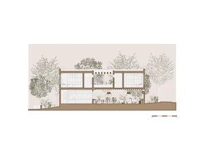 雙層現代住宅建築剖面圖，包含大面積玻璃窗、種滿植物的內部庭院，以及周圍環繞的樹木。