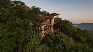 Modern concrete and wood house built into a lush green hillside overlooking a misty valley at sunset, surrounded by dense tropical vegetation and tall cacti.