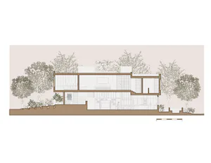 現代兩層住宅的建築剖面圖，與周圍樹木和景觀融合，呈現室內布局與結構細節。