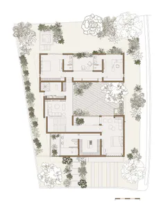 Architectural site plan and floor plan of a luxury villa featuring multiple bedrooms, living areas, courtyards, and extensive tropical garden landscaping.