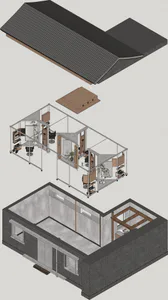 3D architectural cutaway model of a modern brick house showing roof, structural framework, interior layout and furniture placement.
