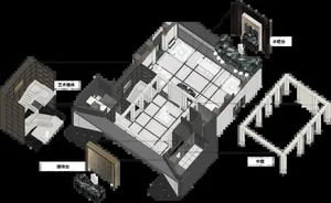 3D exploded architectural model of a luxury villa showing marble floors, water bar, art display area, reception, and central atrium courtyard.