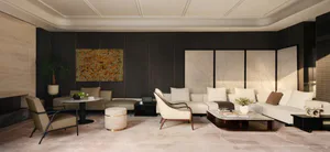 Modern luxury living room interior with dark wood panel walls, light marble floor, large sectional sofa, and contemporary armchairs arranged in a spacious seating area.