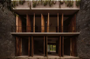 Front view of a modern tropical house with massive dark wooden pivot doors, concrete structure, and stone walls, opening to a lush courtyard.