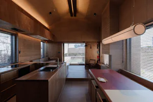 Modern open-plan kitchen and dining area entirely clad in warm plywood with a striking red resin dining island, concrete floor, and large windows with blinds.