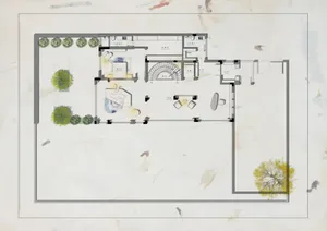 Architectural floor plan of a modern luxury villa showing living room, dining area, multiple bedrooms, bathrooms, and a prominent curved staircase.