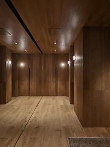 現代步入式更衣室，豐富胡桃木板材、全高鏡面衣櫃門、 recessed 天花燈與溫暖壁燈。