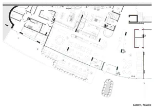 Fomich 麵包坊餐廳黑白建築平面圖，顯示用餐區、廚房、包廂與戶外座位區域。