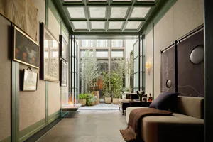 Long narrow sunroom with sage green architectural trim, skylight grid ceiling, modern linear fireplace, beige sofa with brown throw, and multiple potted trees and plants leading to a glass-walled courtyard.