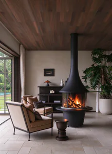 Modern living room featuring a large cylindrical black fireplace with visible burning logs, warm beige armchairs with black metal frames, a dark wood paneled ceiling, and a large potted monstera plant beside a glass door leading to a pool area.