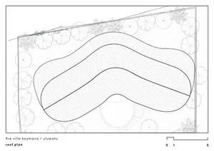 Black and white architectural roof plan drawing of Fire Villa Kaymana in Uluwatu, showing a large curving brick-paved terrace surrounded by tropical planting symbols and umbrellas.