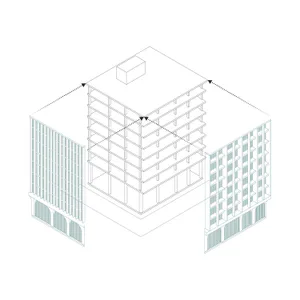 Isometric architectural drawing of a modern multi-story building complex featuring a central open courtyard, glass curtain walls, and exposed structural elements.