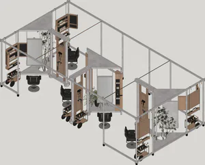 3D rendering of a modern industrial-style hair salon interior with multiple black styling chairs, wooden cabinetry, concrete floors, and glass partitions.