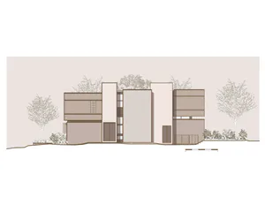 Architectural elevation drawing of a modern minimalist concrete house with geometric volumes and surrounding trees in bloom.