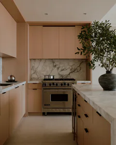 Modern minimalist kitchen with light oak cabinetry, white marble countertops and backsplash, stainless steel Viking professional range, and a large potted olive tree on the island.