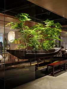 A large dark wooden boat filled with various green trees and plants is displayed as an art installation inside a modern living room, viewed through a glass wall with wooden blinds in the background.