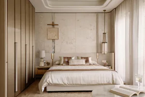 Elegant modern bedroom with a large bed dressed in cream and taupe silk and velvet bedding, embossed floral wallpaper, tall wooden wardrobe, marble side table with open book, and sculptural pendant light.