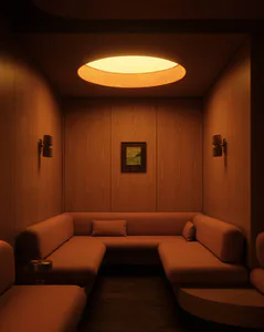 A cozy modern lounge with warm wood paneling, an orange U-shaped sectional sofa, two matching wall sconces, a small round side table, and a large oval recessed ceiling light casting a golden glow.