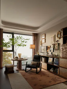 Modern living room reading nook featuring a black leather lounge chair, burl wood storage cabinet, patterned brown rug, round wooden table, and large floor-to-ceiling window with city view.