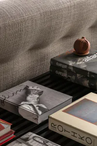 Close-up view of a textured light gray linen sofa with a black slatted coffee table holding multiple art books including titles by Alfaro and a terracotta pomegranate-shaped sculpture on top.