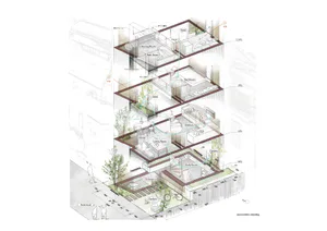 東京狹長多層住宅的建築軸測圖，呈現生活空間、樓層空隙、花園露台與自然採光路徑。