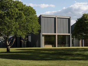 Modern minimalist house with dark corrugated metal exterior, large glass windows revealing interior spaces, set in a green lawn with mature trees under a blue sky.